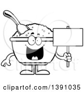 Cartoon Black And White Lineart Happy Bowl Of Oatmeal Mascot Character Holding A Blank Sign