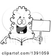 Cartoon Black And White Lineart Happy Kale Mascot Character Holding A Blank Sign