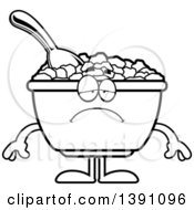 Cartoon Black And White Lineart Depressed Bowl Of Corn Flakes Breakfast Cereal Character