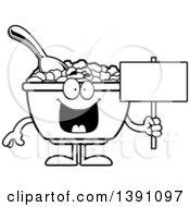 Cartoon Black And White Lineart Bowl Of Corn Flakes Breakfast Cereal Character Holding A Blank Sign