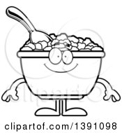Clipart Of A Cartoon Black And White Lineart Happy Bowl Of Corn Flakes Breakfast Cereal Character Royalty Free Vector Illustration by Cory Thoman