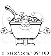 Poster, Art Print Of Cartoon Black And White Lineart Loving Bowl Of Corn Flakes Breakfast Cereal Character Wanting A Hug