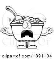 Poster, Art Print Of Cartoon Black And White Lineart Scared Bowl Of Corn Flakes Breakfast Cereal Character