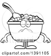 Poster, Art Print Of Cartoon Black And White Lineart Sick Bowl Of Corn Flakes Breakfast Cereal Character