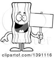 Cartoon Black And White Lineart Crispy Bacon Character Holding A Blank Sign