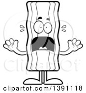 Clipart Of A Cartoon Black And White Lineart Scared Crispy Bacon Character Royalty Free Vector Illustration