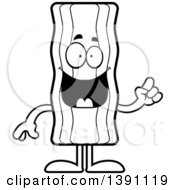 Clipart Of A Cartoon Black And White Lineart Crispy Bacon Character With An Idea Royalty Free Vector Illustration