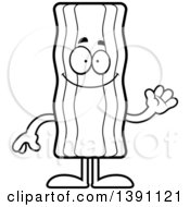 Clipart Of A Cartoon Black And White Lineart Friendly Waving Crispy Bacon Character Royalty Free Vector Illustration