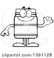 Clipart Of A Cartoon Black And White Lineart Friendly Waving Jam Jelly Peanut Butter Or Honey Jar Mascot Character Royalty Free Vector Illustration by Cory Thoman