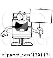 Cartoon Black And White Lineart Jam Jelly Peanut Butter Or Honey Jar Mascot Character Holding A Blank Sign