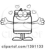 Cartoon Black And White Lineart Loving Jam Jelly Peanut Butter Or Honey Jar Mascot Character Wanting A Hug