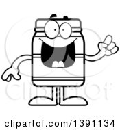 Clipart Of A Cartoon Black And White Lineart Jam Jelly Peanut Butter Or Honey Jar Mascot Character With An Idea Royalty Free Vector Illustration