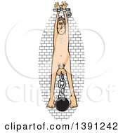 Cartoon Nude White Man Cuffed To A Wall With A Ball And Chain Tied To His Balls