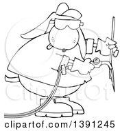 Clipart Of A Cartoon Black And White Lineart Industrial Dog Welder Royalty Free Vector Illustration