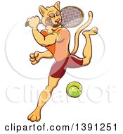 Clipart Of A Sporty Athletic Puma Cougar Mountain Lion Swinging At A Tennis Ball Royalty Free Vector Illustration