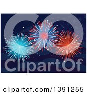 Clipart Of Firework Explosions Over Dark Blue American Waves And Stars Royalty Free Vector Illustration