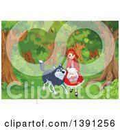 Clipart Of A Friendly Wolf Walking With Little Red Riding Hood In The Woods Royalty Free Vector Illustration