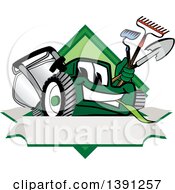Green Lawn Mower Mascot Character Holding Tools Over A Blank Label