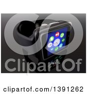 Poster, Art Print Of 3d Black Smart Watch With Application Icons On Reflective Black