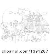 Poster, Art Print Of Cartoon Black And White Lineart Boy And Girl Riding Bikes In Front Of Their Home On A Spring Day