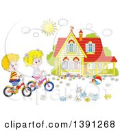 Cartoon White Boy And Girl Riding Bikes In Front Of Their Home On A Spring Day