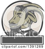 Poster, Art Print Of Retro Woodcut Ram Goat In A Tuxedo In A Circle Over A Blan Rectangle