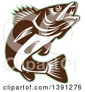 Poster, Art Print Of Retro Brown And White Walleye Fish Jumping With A Green Outline