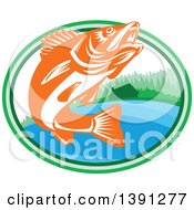 Poster, Art Print Of Retro Orange And White Walleye Fish Jumping In An Oval With A Lake Front Cabin