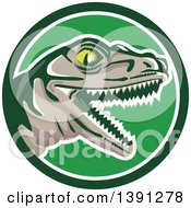Poster, Art Print Of Retro Lizard Rator Or Tyrannosaurus Rex Head In A Green And White Circle