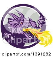 Poster, Art Print Of Retro Fire Breathing Dragon Emerging From A Purple White And Gray Circle