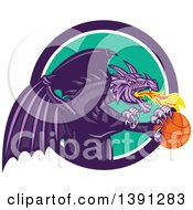 Poster, Art Print Of Retro Purple Fire Breathing Dragon Flying With A Basketball And Emerging From A Circle