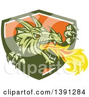Poster, Art Print Of Retro Fire Breathing Dragon Emerging From A Green White And Shield