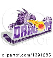 Poster, Art Print Of Retro Purple Fire Breathing Dragon Over Text A Puck And Hockey Stick