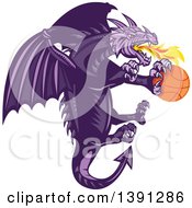 Poster, Art Print Of Retro Purple Fire Breathing Dragon Flying With A Basketball