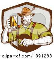 Retro German Man Wearing Lederhosen And Raising A Beer Mug For A Toast Emerging From A Brown And Gray Shield