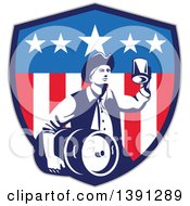 Poster, Art Print Of Retro American Patriot Man Carrying A Beer Keg And Holding Up A Mug In An American Shield