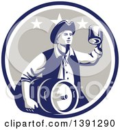 Retro American Patriot Man Carrying A Beer Keg And Holding Up A Mug In A Blue White And Taupe Circle
