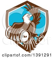 Retro Bald Eagle Holding A Beer Keg And Emerging From A Shield