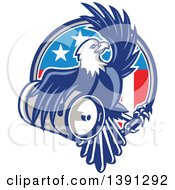 Retro Bald Eagle Holding A Beer Keg And Emerging From An American Circle