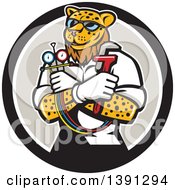 Clipart Of A Cartoon Refrigeration And Air Conditioning Mechanic Leopard Holding A Pressure Temperature Gauge And Monkey Wrench In A Circle Royalty Free Vector Illustration