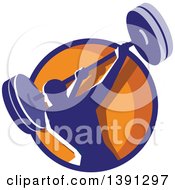 Poster, Art Print Of Retro Male Bodybuilder Swinging A Barbell In A Blue And Orange Circle