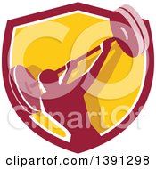 Clipart Of A Retro Male Bodybuilder Swinging A Barbell In A Shield Royalty Free Vector Illustration