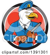 Poster, Art Print Of Cartoon Bald Eagle Police Officer Man Holding A Baton In A Black White And Red Circle