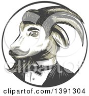 Sketched Retro Ram Goat In A Tuxedo In A Circle