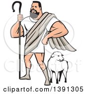 Cartoon Muscular Super Hero Shepherd Standing Over A Sheep