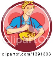 Poster, Art Print Of Retro White Female Chef Or Baker Holding A Mixing Bowl In A Pink And White Circle