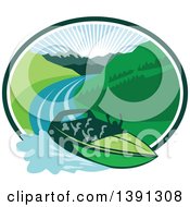 Clipart Of A Retro Jet Boat Speeding Down A River With A Sunrise And Mountains In The Background Within An Oval Royalty Free Vector Illustration