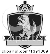 Poster, Art Print Of Retro Grayscale Alligator Or Crocodile Coat Of Arms Shield With A Crown And Blank Banner