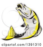 Retro Gray Black And Yellow Barramundi Asian Sea Bass Fish Jumping