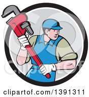 Poster, Art Print Of Retro Cartoon White Male Plumber Running And Holding A Giant Monkey Wrench Emerging From A Black White And Gray Circle